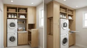 Mobile lavanderia in legno con lavatrice, asciugatrice e soluzioni salvaspazio integrate