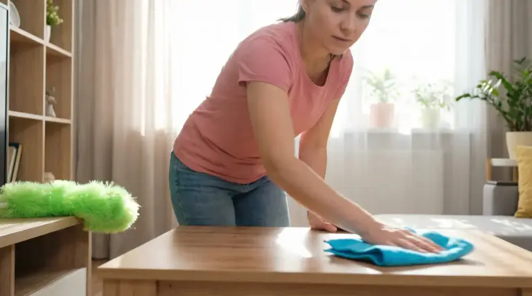 Persona che spolvera un tavolo di legno con un panno in una stanza luminosa