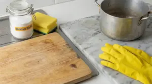 Barattolo di bicarbonato, spugne, guanti gialli, pentola e superfici in legno e marmo su un piano cucina