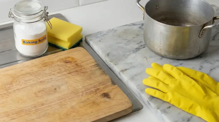 Barattolo di bicarbonato, spugne, guanti gialli, pentola e superfici in legno e marmo su un piano cucina