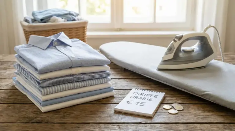 Camicie stirate, ferro da stiro e blocco note con tariffa oraria su un tavolo di legno
