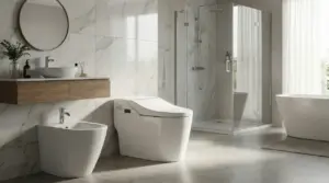 Bagno moderno con WC tecnologico, bidet, lavabo sospeso e doccia in vetro