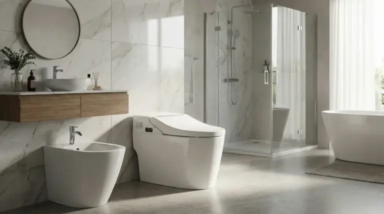 Bagno moderno con WC tecnologico, bidet, lavabo sospeso e doccia in vetro
