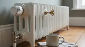 Termosifone in ghisa con valvola di sfiato aperta e tazza sotto per raccogliere l'acqua