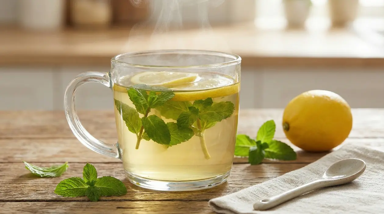 Tisana calda alla menta e limone in una tazza di vetro su tavolo di legno
