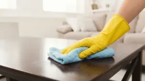 Mano con guanto giallo che pulisce un tavolo con un panno azzurro