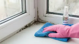 Pulizia della muffa da un davanzale con un panno e spray antimuffa
