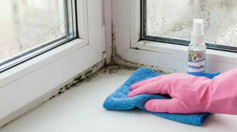 Pulizia della muffa da un davanzale con un panno e spray antimuffa