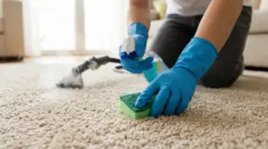 Persona con guanti pulisce una moquette chiara con una spugna e uno spray