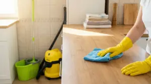 Persona con guanti gialli che pulisce un piano cucina con un panno azzurro