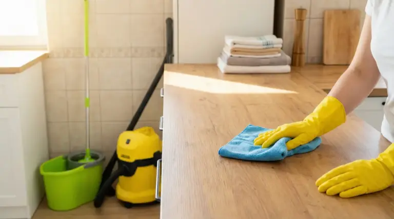 Persona con guanti gialli che pulisce un piano cucina con un panno azzurro