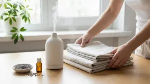 Persona che sistema asciugamani accanto a un diffusore di aromi su un tavolo