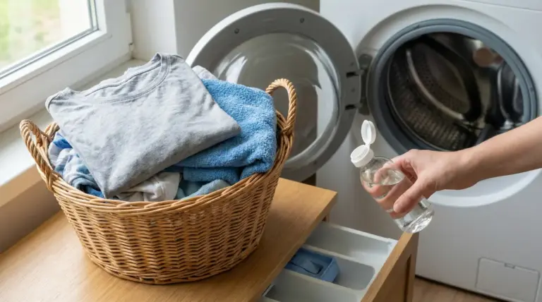 Persona versa un liquido trasparente nella lavatrice accanto a un cesto di panni puliti
