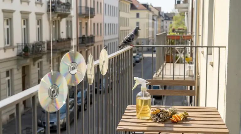 Balcone con CD appesi, un piccione sul corrimano e rimedi naturali su un tavolo