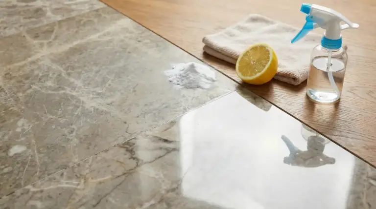 Prima e dopo la pulizia di un piano in marmo con metodi naturali