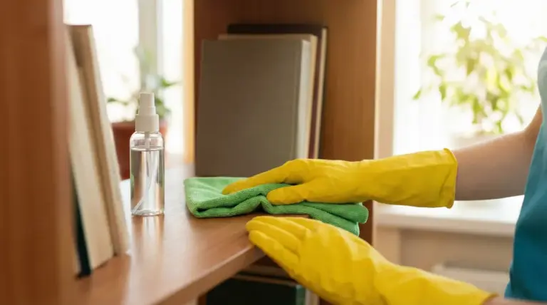 Mani con guanti gialli puliscono una mensola con un panno in microfibra