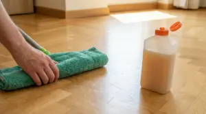 Mano che pulisce un parquet con panno verde accanto a flacone di prodotto per la pulizia