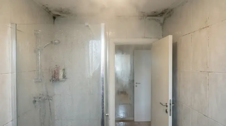 Bagno con muffa sulle pareti e vapore dopo una doccia calda