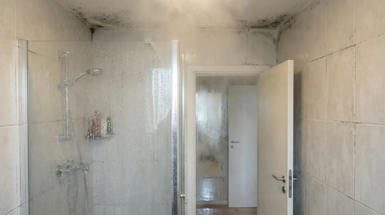 Bagno con muffa sulle pareti e vapore dopo una doccia calda