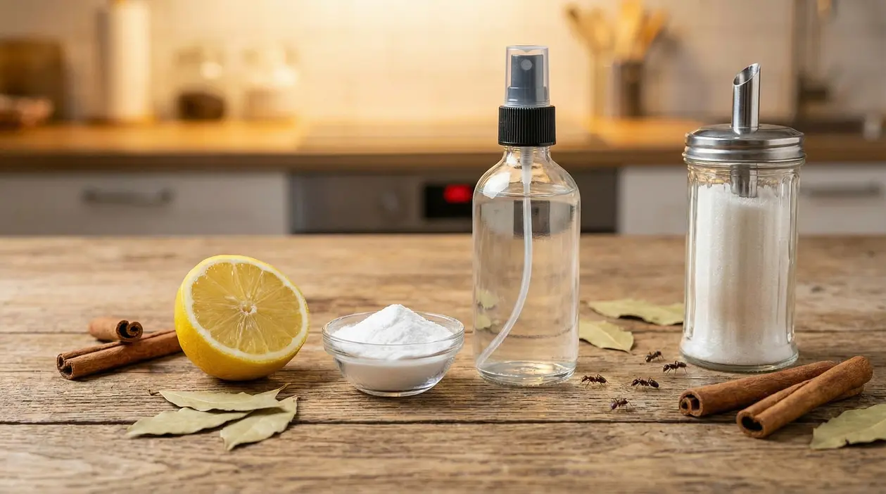 Ingredienti naturali su un tavolo da cucina con alcune formiche in vista