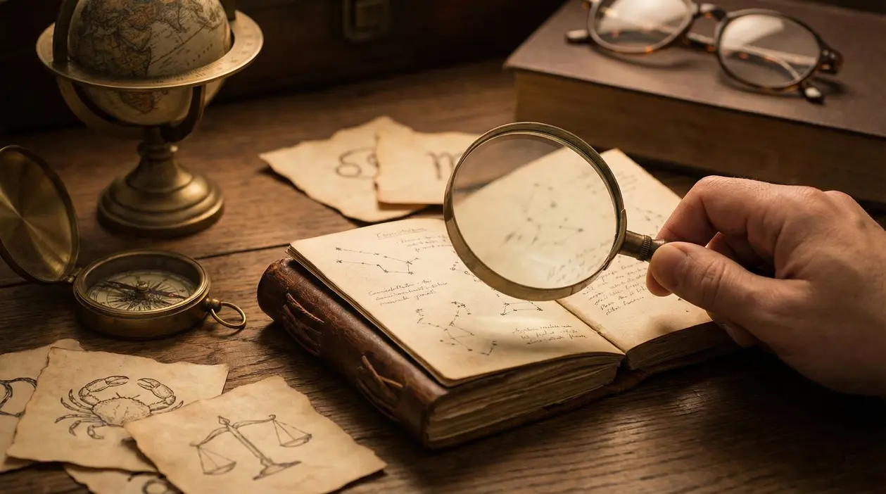 Una mano tiene una lente d'ingrandimento sopra un libro aperto con costellazioni zodiacali disegnate