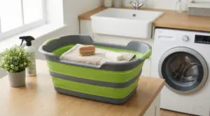 Vasca pieghevole verde con asciugamano, spazzola e sapone in una lavanderia domestica