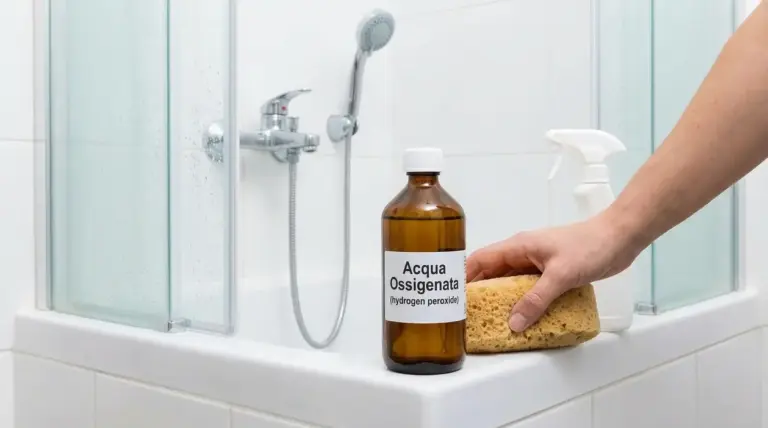 Mano con spugna vicino a una bottiglia di acqua ossigenata su bordo vasca da bagno