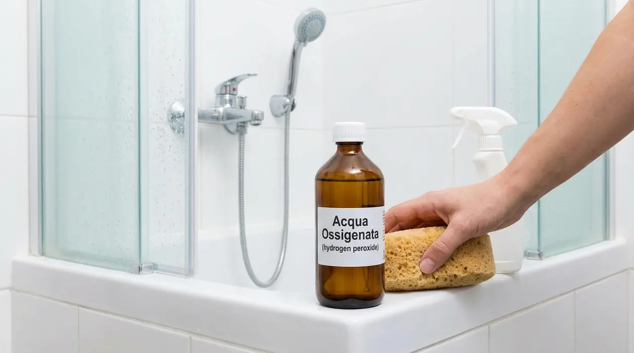 Mano con spugna vicino a una bottiglia di acqua ossigenata su bordo vasca da bagno