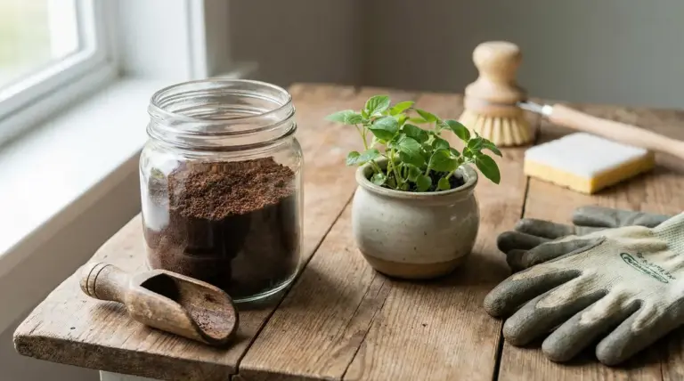 Barattolo di fondi di caffè accanto a una piantina in vaso su un tavolo di legno