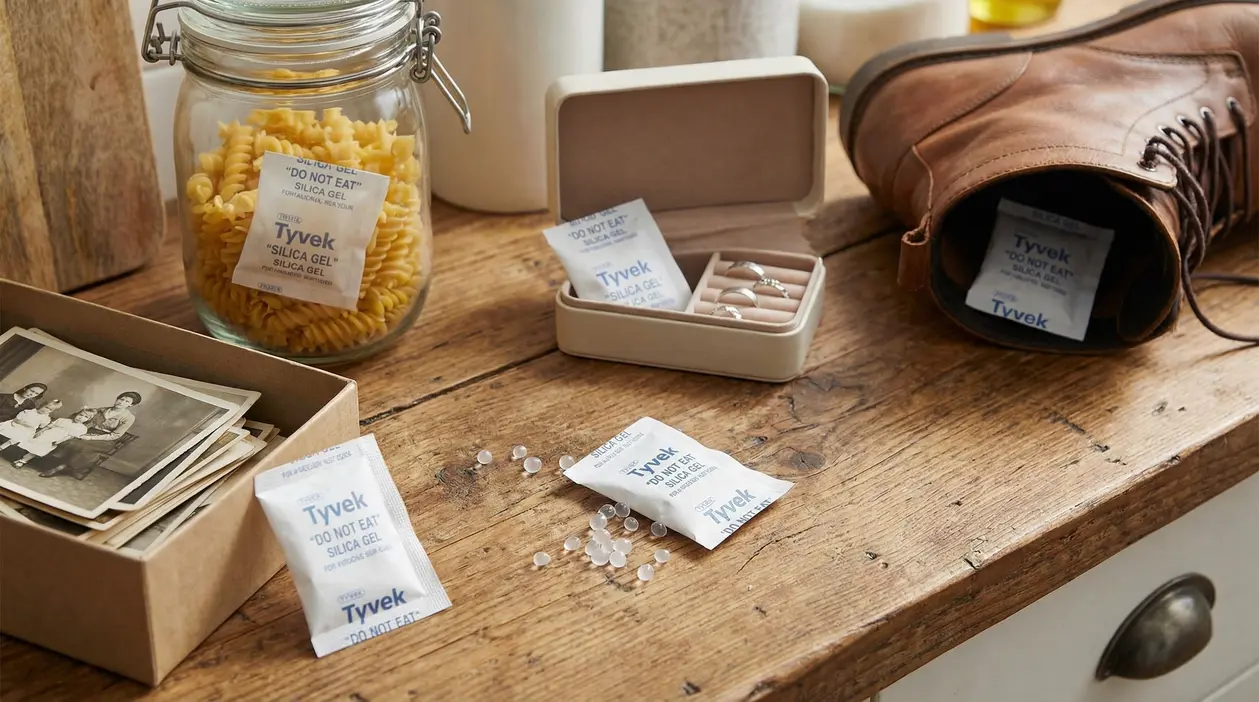 Bustine di gel di silice riutilizzate in casa con scarpe, pasta, gioielli e foto