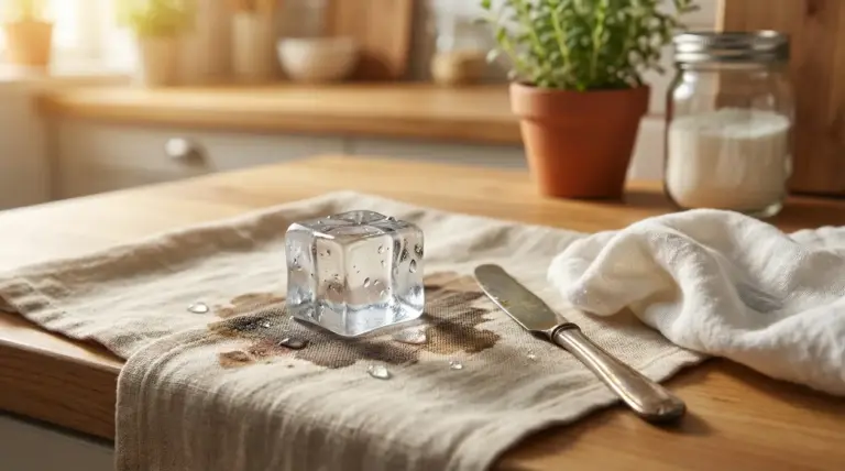 Cubetto di ghiaccio su un panno da cucina in una cucina illuminata