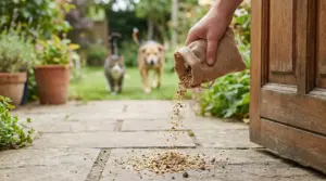 Una mano versa semi davanti alla porta di casa su un vialetto di pietra
