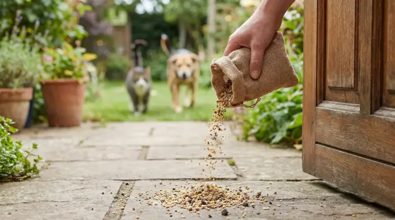 Una mano versa semi davanti alla porta di casa su un vialetto di pietra