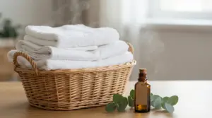 Cesto di asciugamani bianchi puliti accanto a una boccetta di olio essenziale di eucalipto