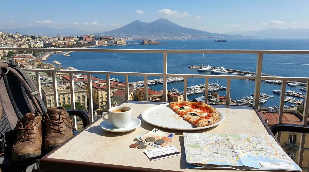 Vista su Napoli con pizza, caffè, mappa e denaro su un tavolo da terrazza